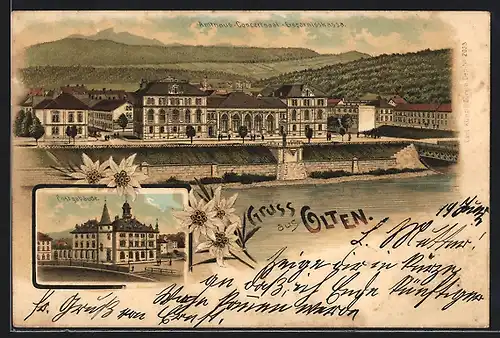 Lithographie Olten, Postgebäude, Amthaus-Concertsaal-Ersparnisskassa