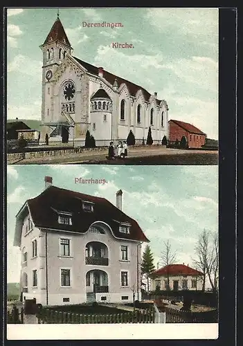 AK Derendingen, Kirche mit Strasse, Pfarrhaus mit Garten