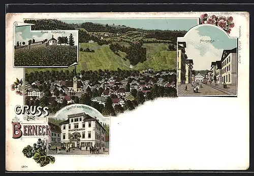Lithographie Berneck, Kirche, Neugasse, Ruine Rosenburg