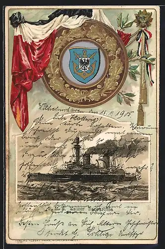 Lithographie Kriegsschiff SMS Kaiser Friedrich, Wappen