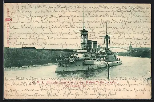 AK Panzerschiff SMS Brandenburg vom Ostasiengeschwader passiert den Kaiser Wilhelm-Kanal
