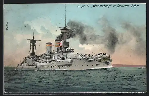 AK Kriegsschiff SMS Weissenburg vom Ostasiengeschwader in forcierter Fahrt