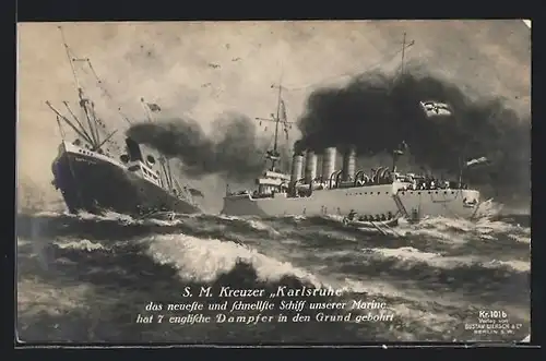 AK Kriegsschiff S. M. Kreuzer Karlsruhe auf hoher See