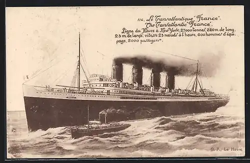 Künstler-AK Le Transatlantique France, Passagierschiff unter Volldampf