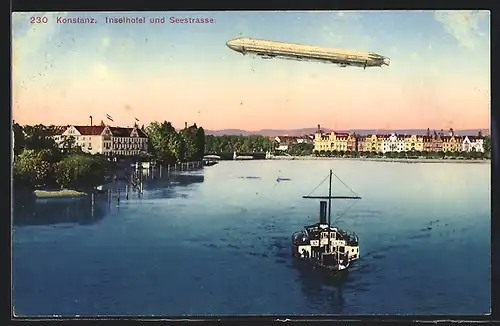 AK Konstanz, Zeppelin über Inselhotel und Seestrasse