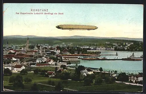 AK Konstanz, Das Zeppelinsche Luftschiff überfliegt die Stadt