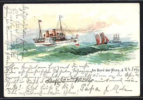 Lithographie Raddampfer Nixe und Segelboot