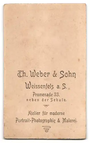 Fotografie Th. Weber & Sohn, Weissenfels a. S., Promenade 33, Junge Dame mit Dutt im weissen Kleid mit Glockenärmeln