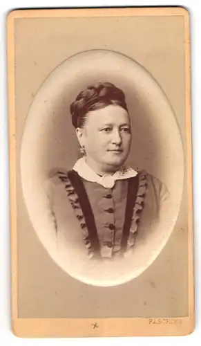Fotografie Fasching, Wien, Margarethenstr. 25, Bürgerliche Dame in grauem Kleid mit geflochtener Hochsteckfrisur