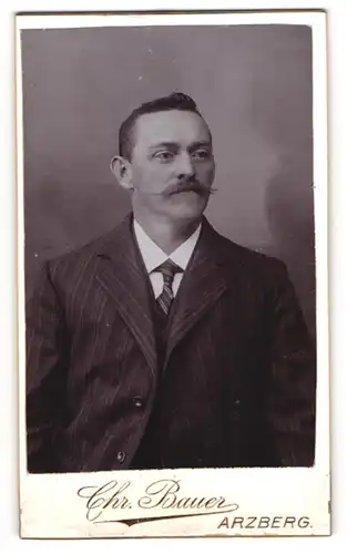 Fotografie Chr. Bauer, Arzberg, Bürgerlicher Herr in gestreiftem Anzug mit gezwirbeltem Schnurrbart und dunklen Haaren