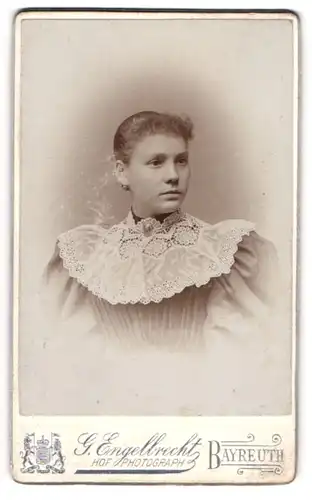 Fotografie G. Engelbrecht, Bayreuth, Canalstr. 11, Junge Dame in grauem Kleid mit weissem Muster und schönes Gesicht