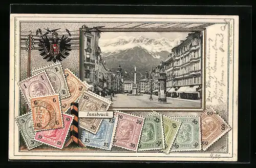 AK Innsbruck, Strassenpartie im Zentrum, Briefmarken