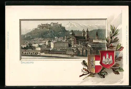Lithographie Salzburg, Panorama mit Hohensalzburg, Wappen
