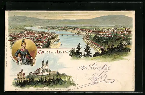 Lithographie Linz, Pöstlingberg mit der elektrischen Steilbahn, Dame in Tracht, Panorama