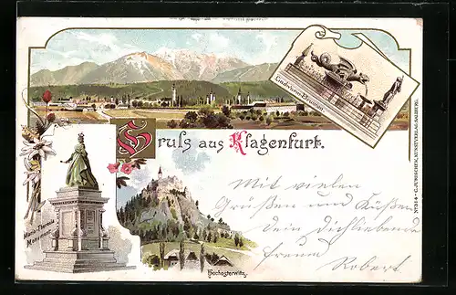 AK Klagenfurt, Gesamtansicht mit Alpenpanorama, Maria-Theresia-Monument, Lindwurm-Brunnen