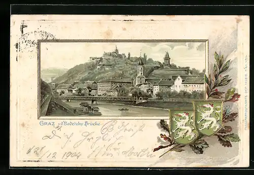 Passepartout-Lithographie Graz, Ortsansicht mit Radetzky-Brücke, Wappen