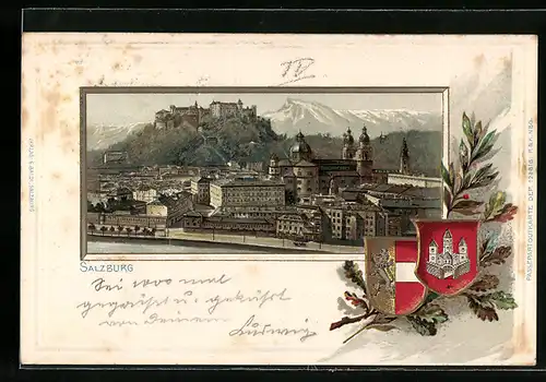 Lithographie Salzburg, Panorama mit Hohensalzburg, Wappen