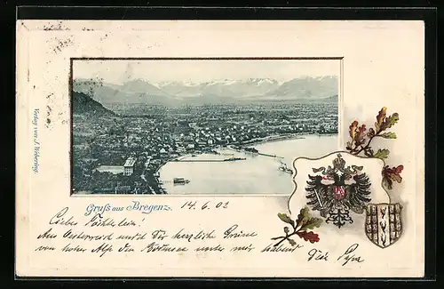 Passepartout-Lithographie Bregenz, Wappen und Panorama