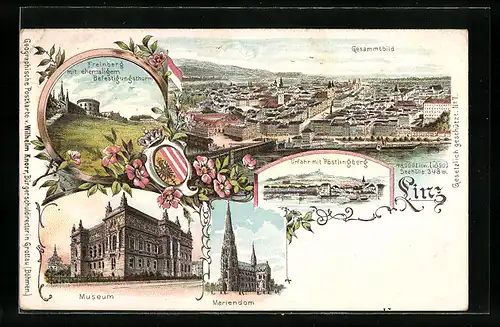 Lithographie Linz / Donau, Museum, Mariendom, Freinberg mit ehem. Befestigungsthurm