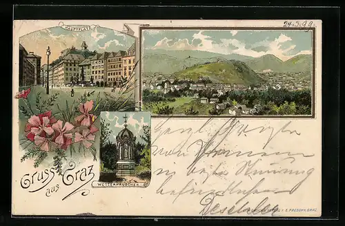 Lithographie Graz, Wetterhäuschen, Hauptplatz, Teilansicht