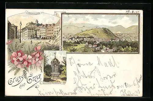 Lithographie Graz, Wetterhäuschen, Hauptplatz, Teilansicht