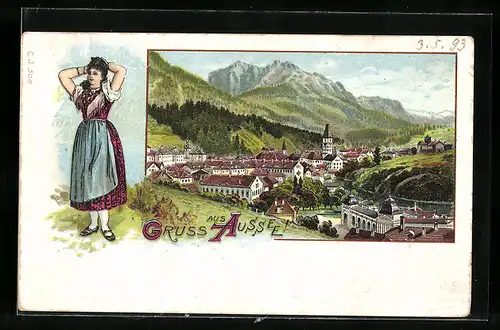 Lithographie Aussee, Ortsansicht aus der Vogelschau