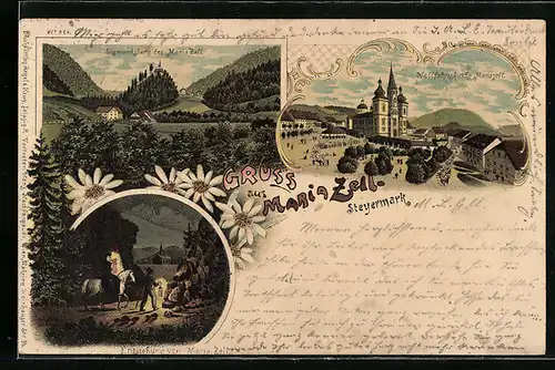 Lithographie Maria Zell, Wallfahrtskirche, Sigmundsberg, Entstehung von Maria Zell