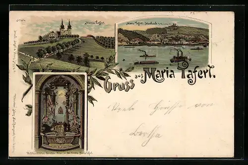 Lithographie Maria Taferl, Gnaden-Altar in der Kirche Maria Taferl, Ortsansicht mit Marbach a. d. Donau