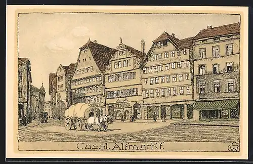 Steindruck-AK Kassel, Altmarkt mit Passanten, Pferdegespann