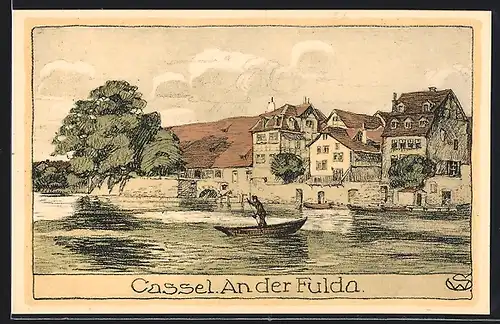 Steindruck-AK Kassel, Flusspartie der Fulda