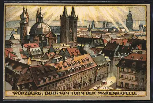 Steindruck-AK Würzburg, Blick vom Turm der Marienkirche