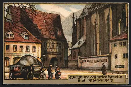 Steindruck-AK Würzburg, Marienkapelle auf dem Marienplatz