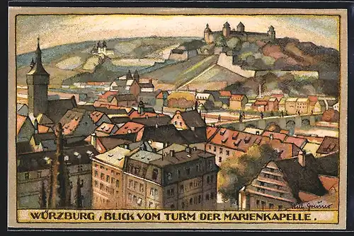 Steindruck-AK Würzburg, Blick vom Turm der Marienkapelle