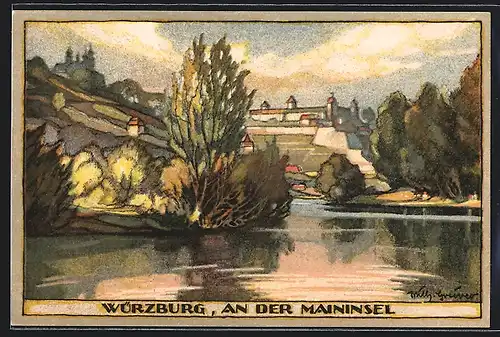 Steindruck-AK Würzburg, Landschaftspanorama an der Maininsel
