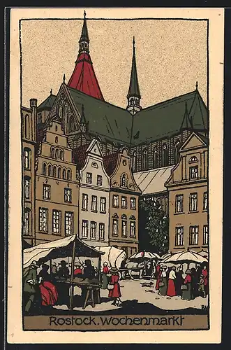 Steindruck-AK Rostock, Wochenmarkt mit Kirchturm