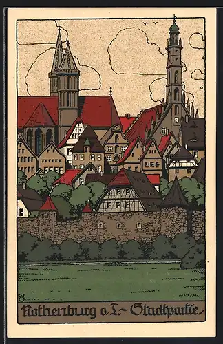 Steindruck-AK Rothenburg o. T., Stadtpartie