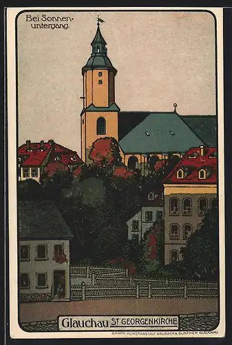 Steindruck-AK Glauchau, St. Georgenkirche bei Sonnenuntergang