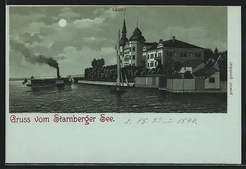 Mondschein-Lithographie Leoni, Dampfer auf dem Starnberger See