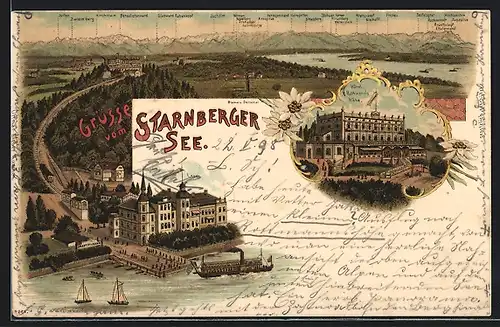 Lithographie Starnberg, Hotel Rottmann`s Höhe, Leonie, Panorama mit Fricken, Teufelsgrat und Zugspitze, Starnberger See