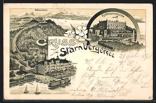 Lithographie Leoni, Dampfer vor Ort, Hotel Rottmannshöhe