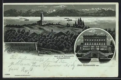 Mondschein-Lithographie Leoni-Rottmannshöhe, Hotel Rottmannshöhe, Bismarckdenkmal