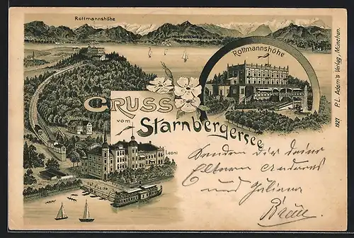 Lithographie Starnberg, Starnberger See, Rottmannshöhe, Leoni