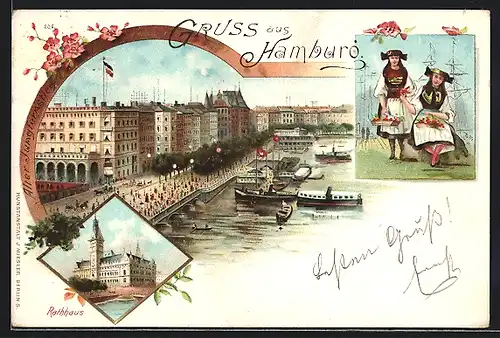 Lithographie Hamburg-Neustadt, Rathaus, Alter Jungfernstieg & Frauen in Tracht