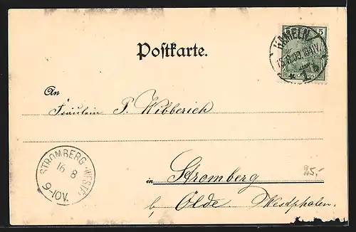 Lithographie Hameln, Osterthor, Rolandsdenkmal, Osterstrasse, Rattenfänger, Rattenfrass li. unten