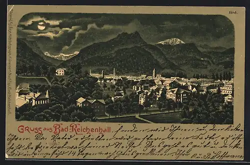 Mondschein-Lithographie Bad Reichenhall, Ortsansicht bei Nacht