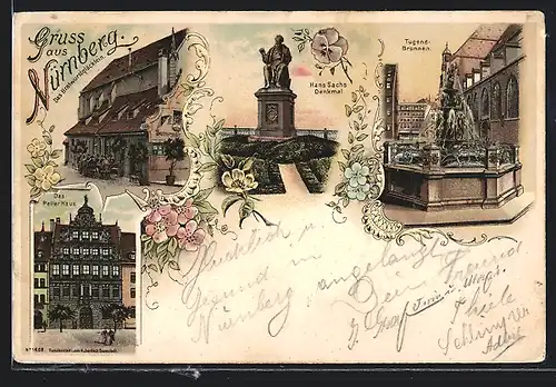 Lithographie Nürnberg, Gasthaus Bratwurstglöcklein, Peller Haus, Hans Sachs-Denkmal