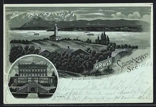 Lithographie Starnberg, Hotel Rottmannshöhe, Blick vom Bismarckdenkmal auf den vom Mondlicht schimmernden See