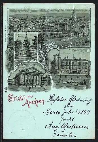 Mondschein-Lithographie Aachen, Kriegerdenkmal, Stadttheater, Rathhaus