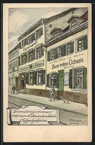 Künstler-AK Heidelberg, Gasthaus u. Fremdenzimmer Zum roten Ochsen