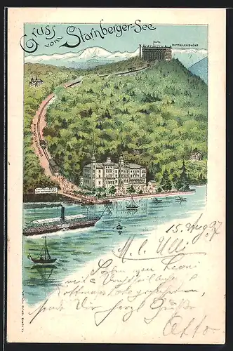 Lithographie Starnberg, Starnberger See, Rottmannshöhe, Drahtseilbahn, Dampfer